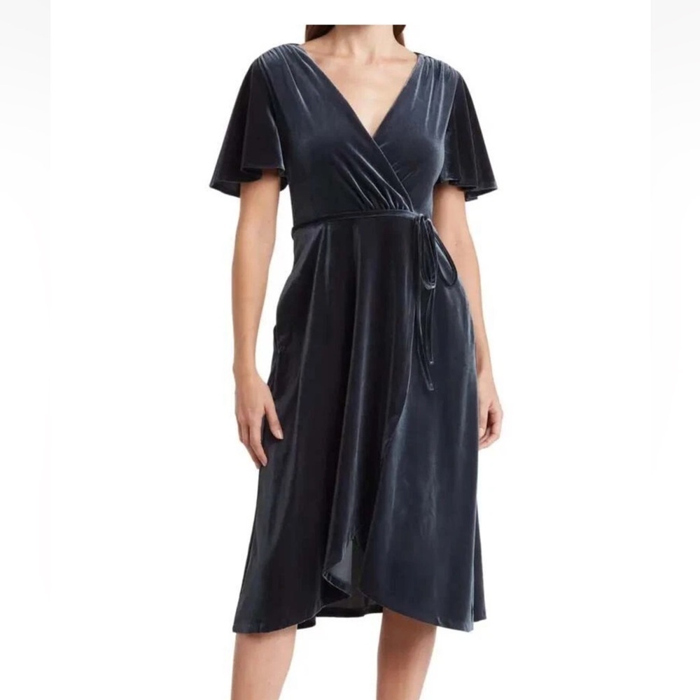 Vince Camuto Charcoal Blue Velvet Wrap Dress 16 NWT – Cocktail / Holiday Party - Picture 3 of 7